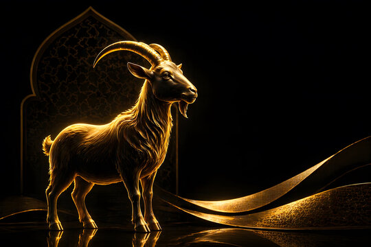 Luxury Golden Goat Statue with Elegant Metallic Texture and Islamic Arch Pattern on Dark Background for Eid al-Adha Holiday Banner