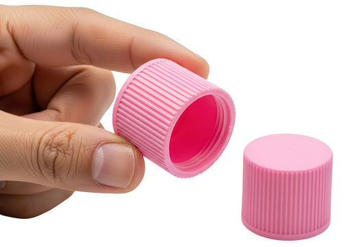 Hand holding pink and purple stacked plastic containers isolated on transparent background