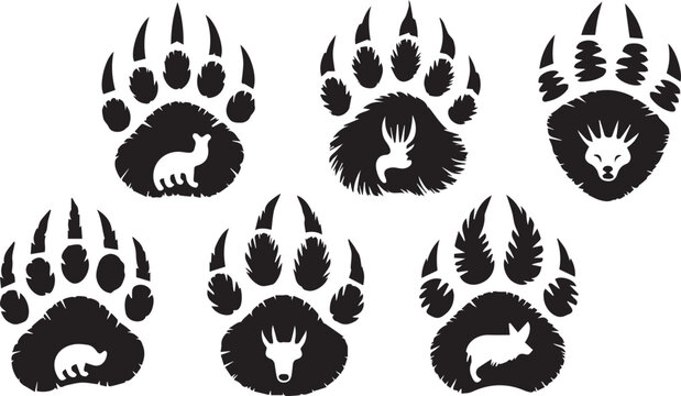 Black bear paw prints with animal silhouettes on white background for wildlife design