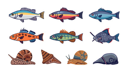 Aquatic Life Collection: A vibrant display of diverse fish species and unique snail shells, showcasing the beauty and variety of aquatic inhabitants in detailed illustrations. © Murshida