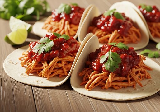 A delicious serving of chicken tinga tacos topped with fresh cilantro and vibrant red sauce served on soft flour tortillas for a traditional mexican meal