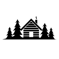 Fototapeta premium Log Cabin in Pine Forest Silhouette Vector Illustration