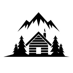 Obraz premium Rustic Mountain Cabin Logo with Pine Trees and Smoking Chimney