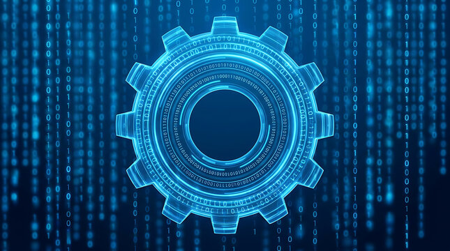 Glowing blue digital gear symbol made of binary code on a background of streaming data flow
