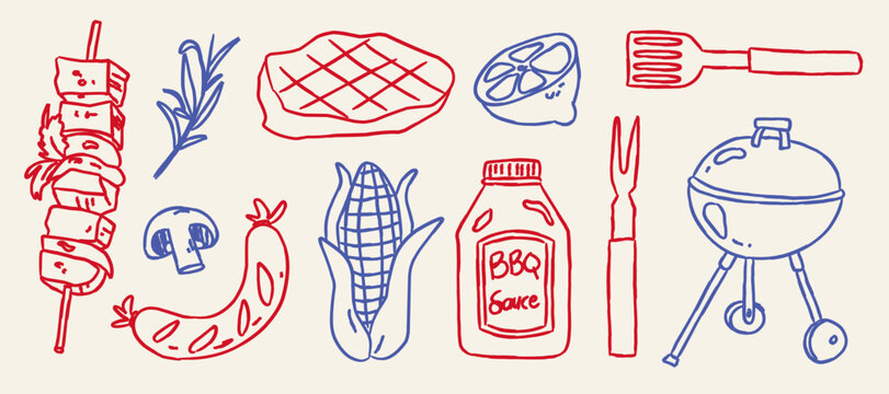 BBQ party doodle element set with grill sausage steak and corn vector illustration. Hand drawn summer picnic food outline icon kit for invitation menu card design