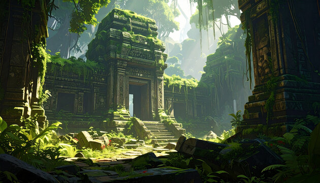Ancient stone temple ruins hidden in a lush tropical jungle with overgrown vegetation and crumbling structures