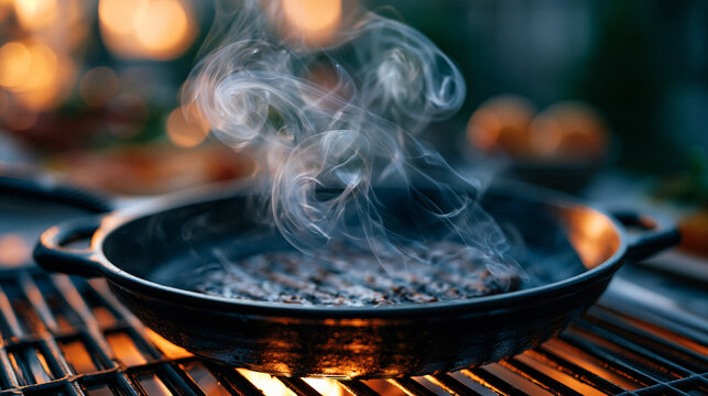 Smoke curling from a cast iron skillet on an outdoor grill at a backyard summer cookout, dramatic backlit wisp against a dark evening backdrop, Fathers Day barbecue detail, grilling lifestyle, food 