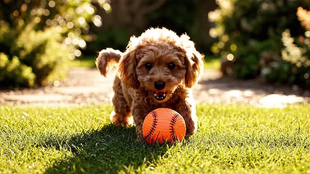 Playful Toy Poodle Puppy Romping with Toy Ball on Green Grass Backyard Lawn