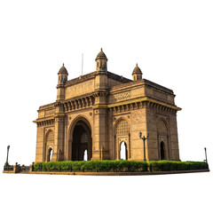 Fototapeta premium Historic archway entrance of an old stone building with columns isolated on transparent background