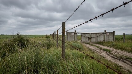 Obraz premium A barbed wire fence stretches across the foreground, enclosing a neglected gate. The sky is overcast, casting a gloomy atmosphere over the lush greenery and distant fields.