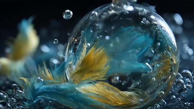 of delicate colored plumage encased within a glistening sphere surrounded by liquid droplets