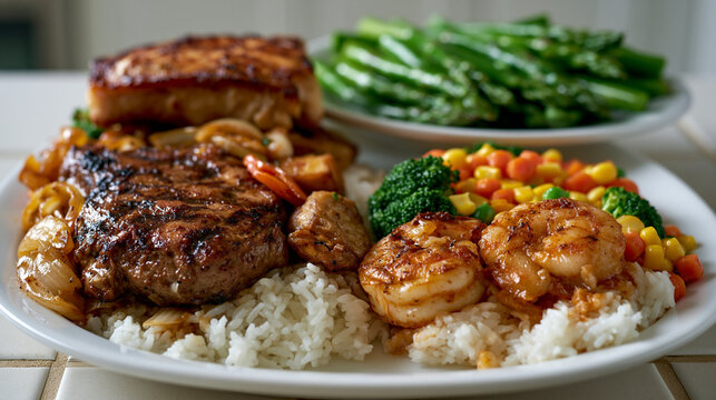 Two filled dinner plates side by side on kitchen counter, one restaurant-sized heaping portion and one controlled portioned serving for size comparison, portion distortion visual, nutrition educatio