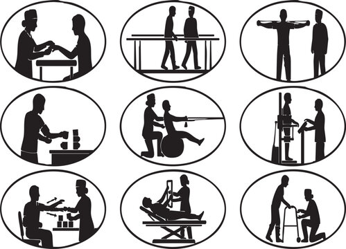 Occupational and Physical Therapy Patient Rehabilitation and Mobility Training Black Silhouette Icon Set
