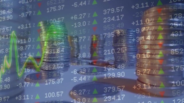 Stacks of coins on a table with digital stock market chart and numbers data overlay
