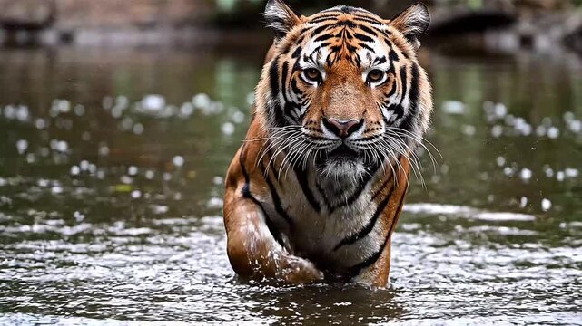 Royal Bengal Tiger Wading in Jungle Waterhole Wild Animal Portrait
