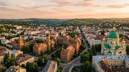 Naklejka premium Golden sunlight bathes the city in warmth as historic architecture stands proudly amidst the rolling hills. A peaceful scene unfolds, blending nature with urban beauty at dusk.
