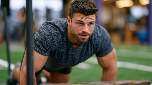 Male athlete performing sled push on turf in performance training facility, low athletic stance, effort expression, body recomposition sports performance phase, strength conditioning, turf gym, comp