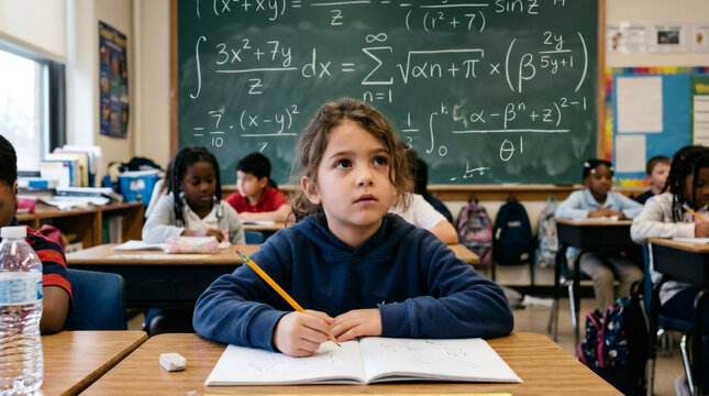 Girl student writing in notebook during math lesson in classroom. Group of diverse elementary school children learning algebra. Education, childhood development and school concept.
