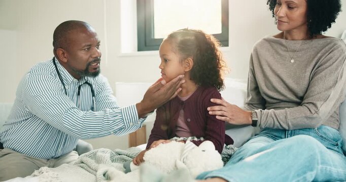 Mom, doctor or child with teddy bear for home visit, exam or health checkup in bedroom. Mother, healthcare worker or pediatrician with girl in house for medical illness or swollen lymph nodes