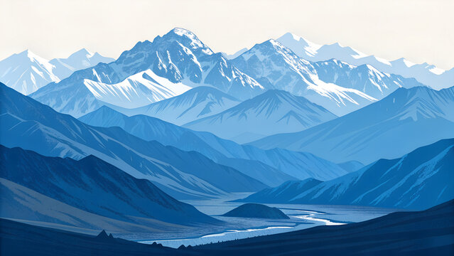 Himalayan mountains in Ladakh  minimal vector scenery  cold blue palette  crisp geometric forms