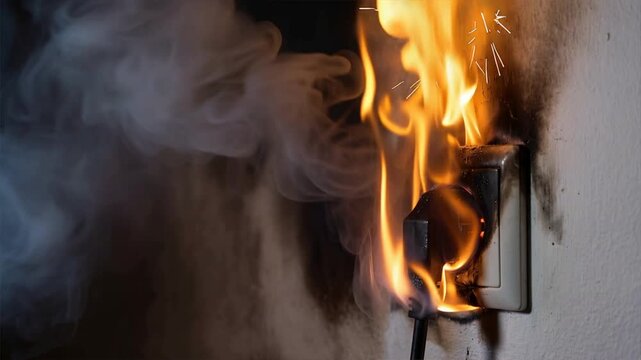 A dangerous electrical fire ignites from an outlet, illustrating the risks of electrical hazards in homes.