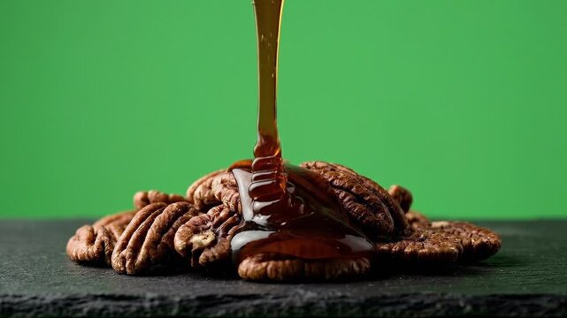 3D animation of thick molasses drizzling over realistic pecan halves on a dark slate board against a bright green screen background, suitable for chroma key compositing.