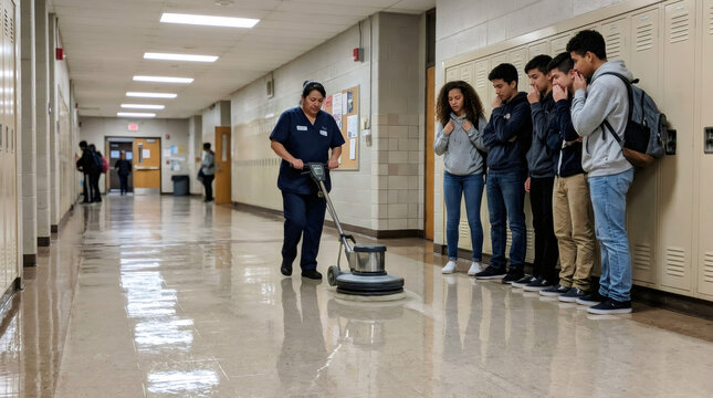Janitor using floor buffer in a school hallway. Woman cleaning the floor while students stand by lockers. Maintenance worker during daily school routine and educational environment concept.