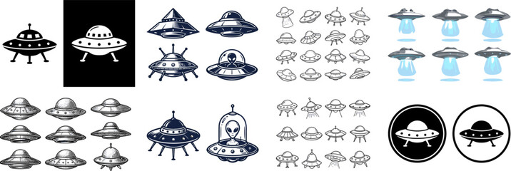 UFO Flying Saucer and Alien Spaceship Silhouette Collection in Dark Blue and Gray Tones Vector Illustration Set © Shakhawat