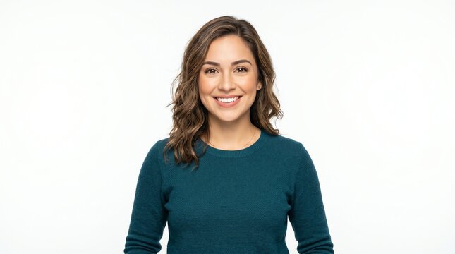 Portrait of a Smiling Young Woman in Casual Green Sweater on White Background