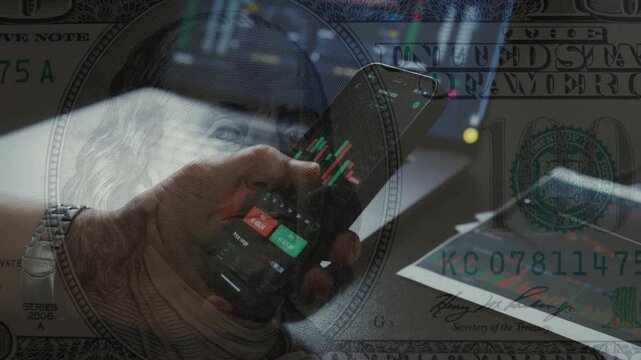 Double exposure of a trader holding smartphone with crypto chart and US hundred dollar bill background.