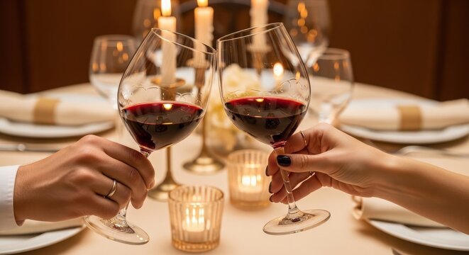 Couple clinking red wine glasses together during a romantic candlelit dinner at a fine restaurant, celebrating a special evening
