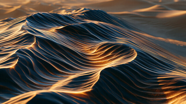 Aerial overhead view of rippled sand dunes casting sharp shadow patterns across a vast desert landscape, abstract natural geometry, golden hour minimal earthscape, travel destination, environment te
