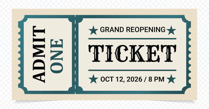 Grand reopening cinema ticket stub design for special movie events and exclusive theatrical premiere night entry