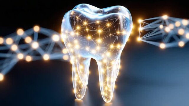 Digital Tooth Network: A stylized 3D rendering of a tooth, intricately connected by glowing nodes and lines, symbolizing advanced dental technology and network.
