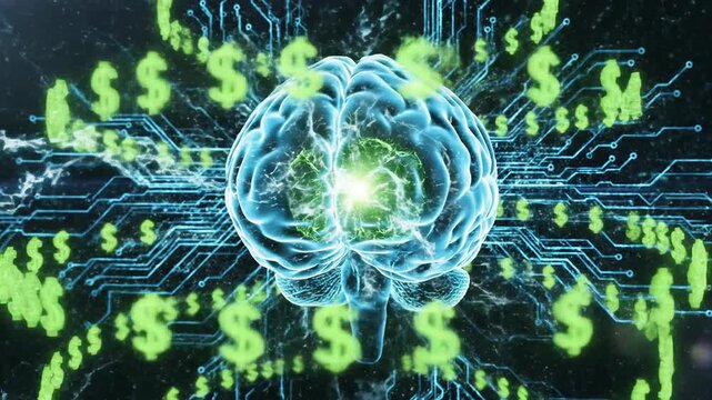 Digital brain animation with glowing circuits and floating currency symbols representing artificial intelligence for financial analysis and data processing.