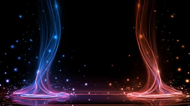 Symmetrical energy plumes ascending from glowing circular bases against black background