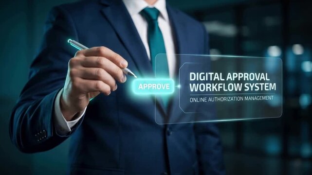 A businessman using a digital approval system for efficient workflow management and online authorization.