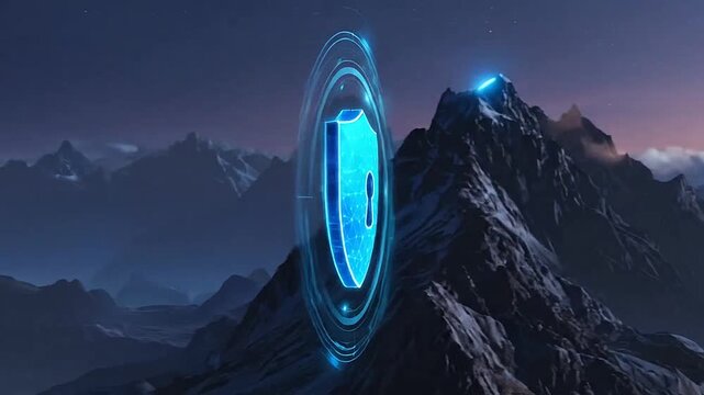 A glowing digital shield icon floats above a dark mountain range