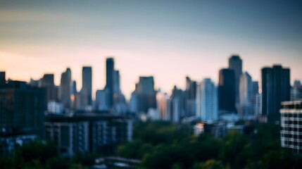 Fototapeta premium A blurred cityscape silhouette bathed in soft atmospheric light at dawn or dusk