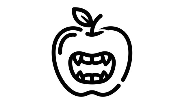 Stylized apple illustration with bared teeth showing aggression or hunger