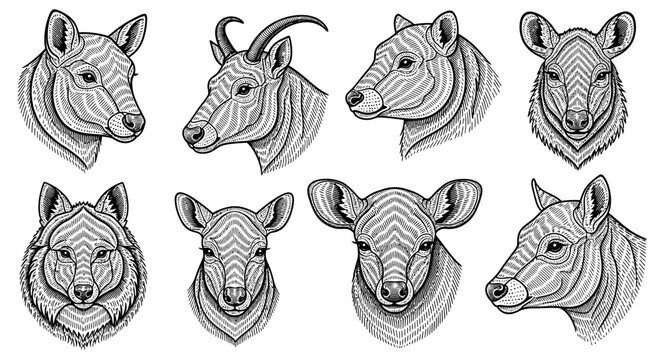 Stylized animal portraits set in black and white against a plain background