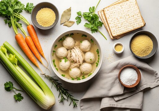 A top-down view of a steaming bowl of traditional chicken soup with matzo balls served with fresh carrots celery matzah crackers and herbs on a table
