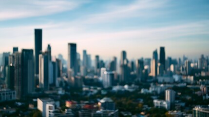 Fototapeta premium Blurred cityscape background featuring tall modern buildings under a bright blue daylight sky