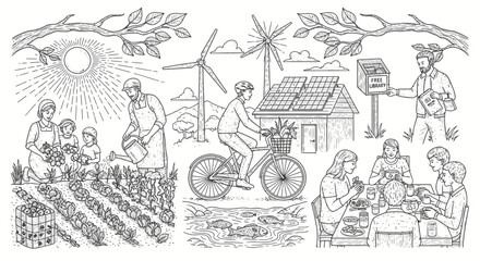Obraz premium Sustainable living and eco friendly practices illustrated in detailed line art