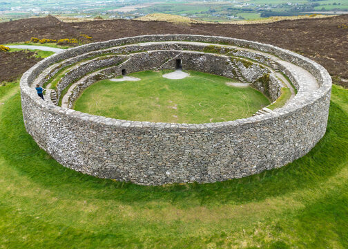 Aerial photography of Grian&aacute;n of Aileach, also called Grian&aacute;n Ailigh, anglicised as Greenan Ely or Greenan Fort, a hillfort in County Donegal, Ireland.