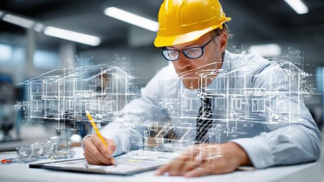 Architectural Visionary: A focused architect, wearing a yellow hard hat and glasses, meticulously reviews blueprints overlayed with holographic building designs, embodying innovation in construction.