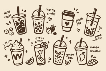 Naklejka na ściany i meble Cold Drinks Set Doodle Sketch Vector Illustration