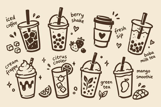 Cold Drinks Set Doodle Sketch Vector Illustration