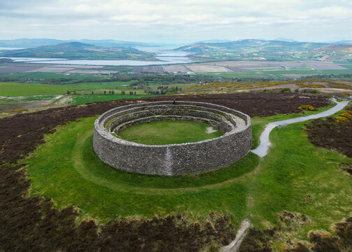 Aerial photography of Grian&aacute;n of Aileach, also called Grian&aacute;n Ailigh, anglicised as Greenan Ely or Greenan Fort, a hillfort in County Donegal, Ireland.