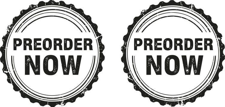 Preorder Now Stamp Badge Set &ndash; Black Grunge Vector Labels for Marketing and Promotion